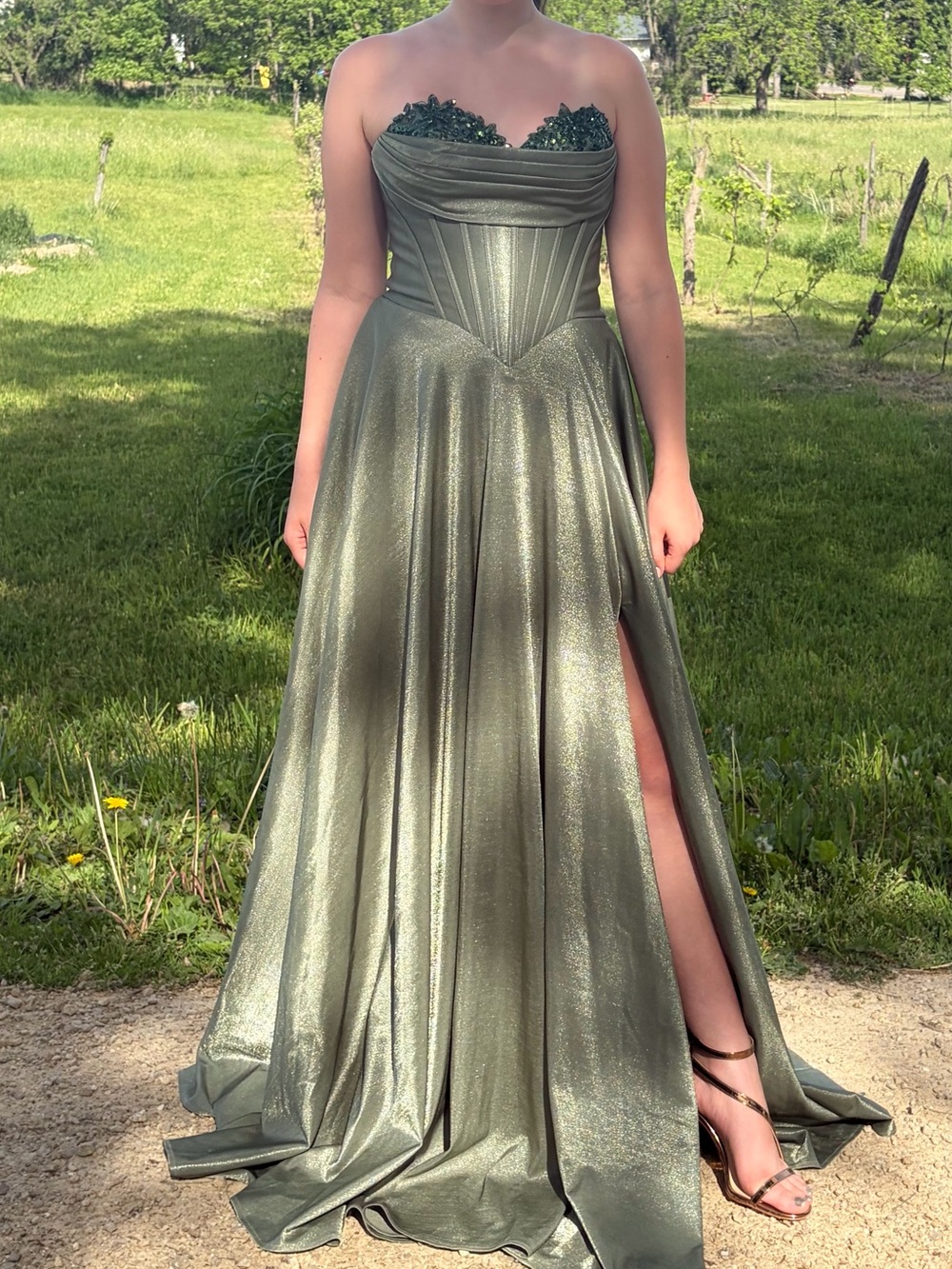 Tigerlily Strapless Shimmery Olive Green Prom Gown